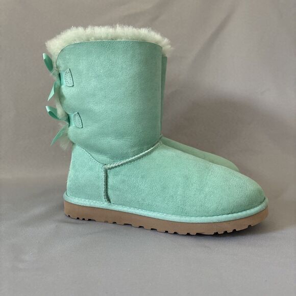 Women's UGG Boots Sz 7 Bailey Bow SFSP Aqua Suede Coquette Light Green Blue - Picture 6 of 16
